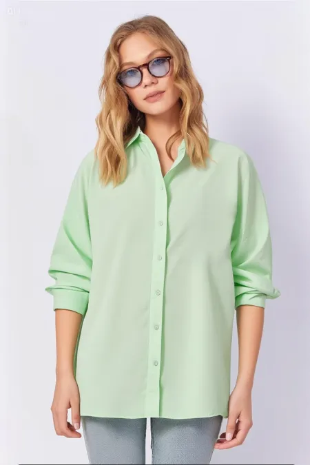 Kadın Açık Yeşil Oversize Uzun Basic Gömlek HZL22W-BD139001