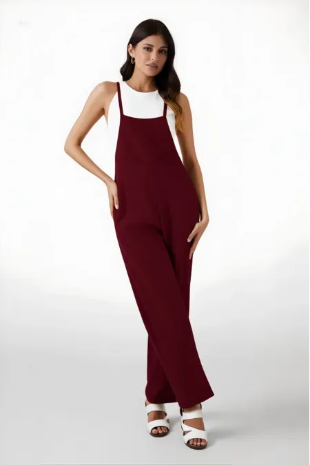 Kadın Bordo Ayarlanabilir Askılı Cepli Bol Paça Bahçıvan Tulum Hzl22s-bd170191
