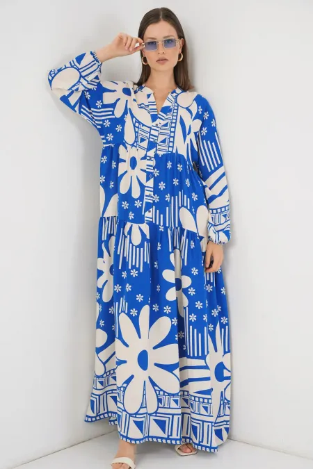 Robe longue hijab à motifs pour femme 2585 - Bleu