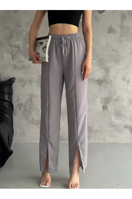 Kadın Gri Lastikli Bel Yırtmaç Detaylı Cepsiz İthal Keten Astarsız Pantolon HZL24S-FRY121941