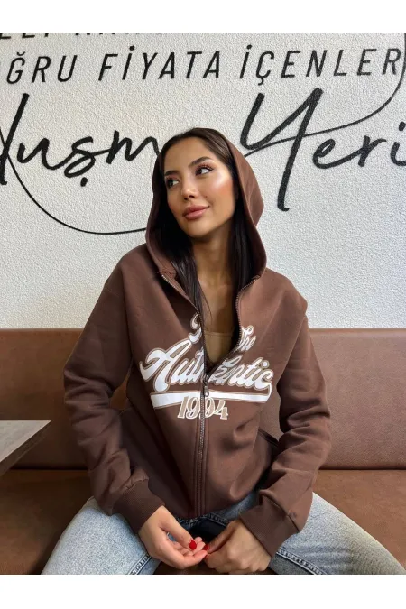 Kadın Kahverengi Baskılı Kapüşonlu Fermuarlı Oversize Sweatshirt HZL24W-ZK12741