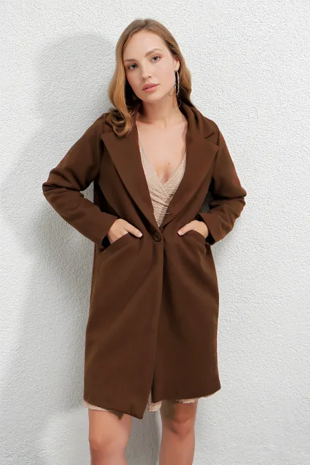 Manteau élégant en cachemire doublé, couleur chocolat, à un bouton et double poche, pour femme HZL23W-BD190851