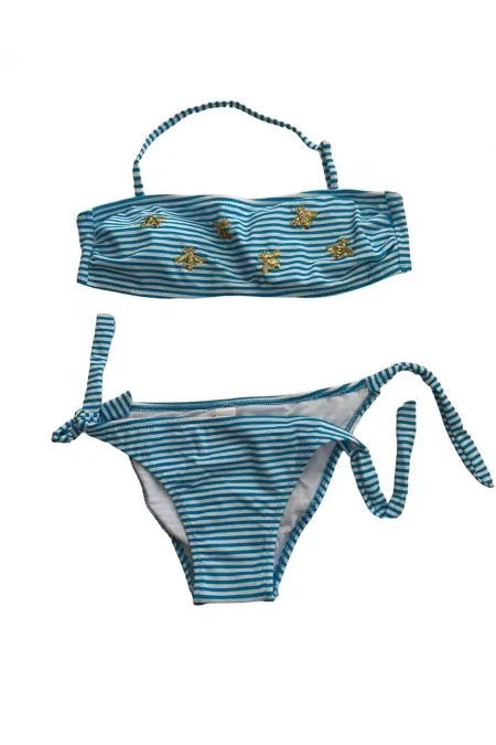 Ensemble bikini sans bretelles à rayures bleues et blanches pour fille, motif abeille, 4-12 ans, HZL24S-LC3228