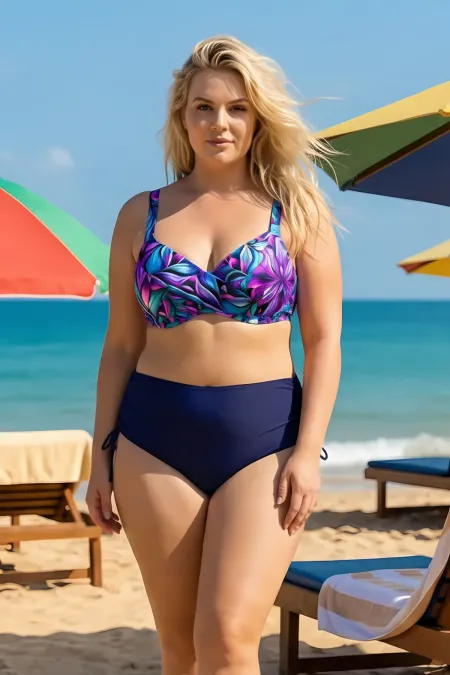Ensemble bikini grande taille à armatures, à motifs violets, bleus et marine, gainant, HZL26S-LC2519