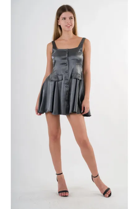 Kadın Antrasit Askılı Önden Düğmeli Cepli Beli Lastikli Şortlu Elbise HZL24S-YY197