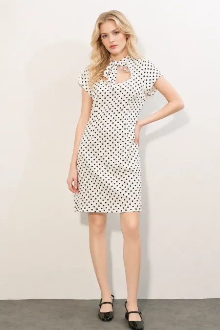 Women's Off-White Short Polka Dot Dress with Bow Detail HZL26S-BD126051 Women's Off-White Short Polka Dot Dress with Bow Detail HZL26S-BD126051