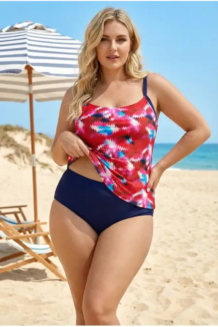 Tankini grande taille à motifs bleu marine et rouge pour femme, gainant et confortable, avec culotte intégrée HZL26S-LC2031