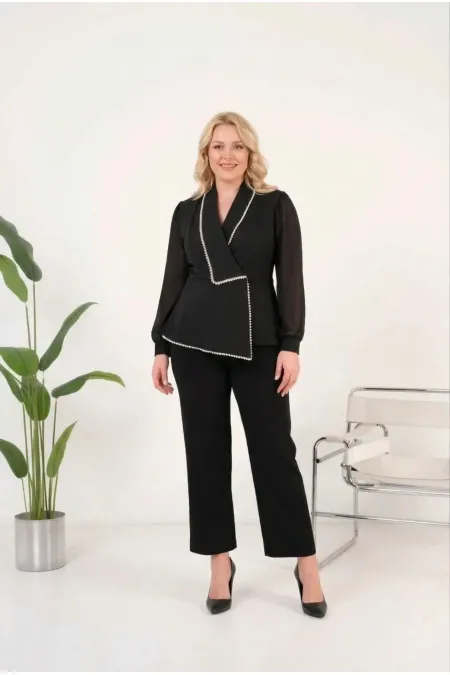 Women's Black Plus Size Jacket Collar Pearl Detail Chiffon Sleeve Evening Dress Set HZL26W-PR10131