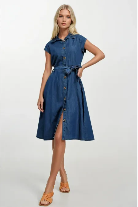 Kadın Denim Kısa Kollu Boydan Düğmeli Beli Kuşaklı Kot Gömlek Elbise Hzl22s-bd121761