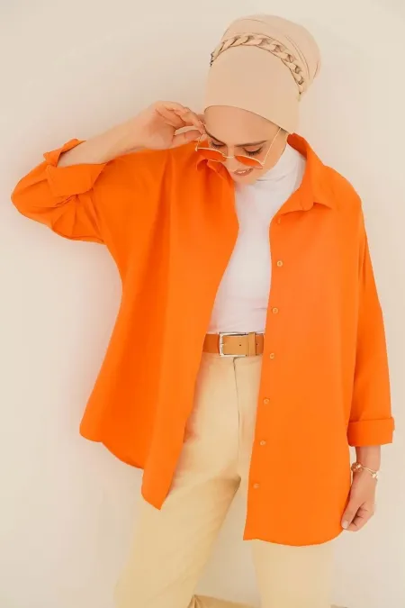 Women's Modest Orange Wide Fit Long Basic Shirt HZL24W-BD139001 Women's Modest Orange Wide Fit Long Basic Shirt HZL24W-BD139001