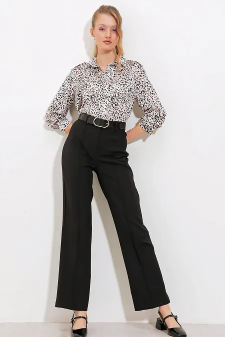 Women's Black High-Waisted Fabric Trousers 6584