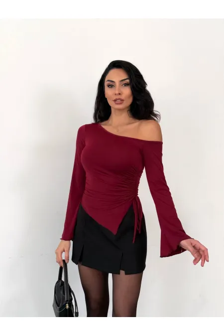 Kadın Bordo Asimetrik Kesim İspanyol Kol Beli Büzgülü Sandy Bluz HZL25W-FRY123591