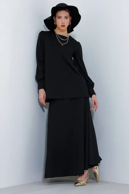 Kadın Siyah Örme Etek Tunik Alt Üst Takım HZL25S-BD180141