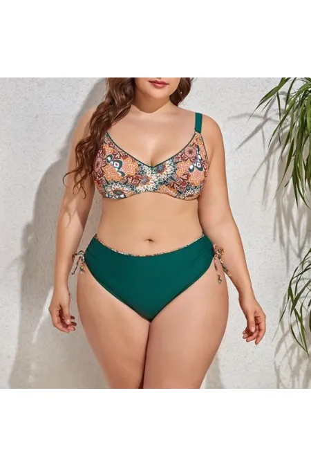 Ensemble bikini grande taille vert émeraude à motifs ethniques pour femme HZL25S-LC3310
