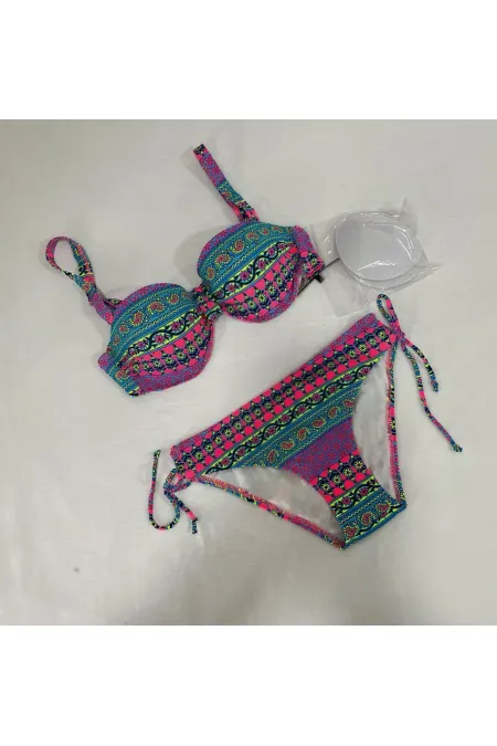 Women's Fuchsia Multicolored Ethnic Patterned Bikini Set HZL25S-LC8004