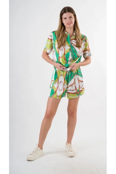 Kadın Fıstık Yeşili Desenli Şort Gömlek Alt Üst Takım  HZL24S-YY226