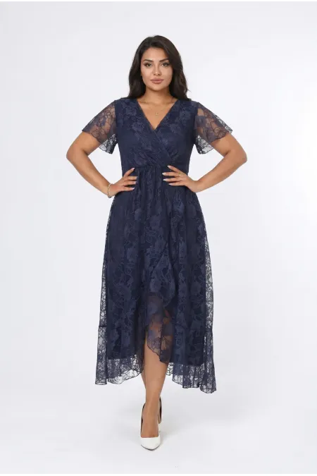 Kadın Lacivert Büyük Beden V Yaka Astarlı Dantel Detaylı Şık Abiye Elbise HZL26S-PR11071