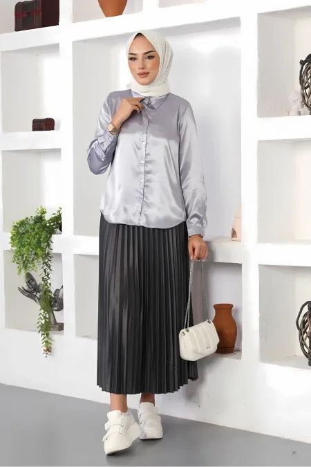 Kadın Gri Saten Yüzeyli Tesettür Gömlek HZL25W-BD139641