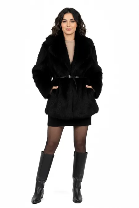 Manteau en fourrure pelucheux doublé et détaillé avec ceinture noire pour femme HZL25W-BD191561