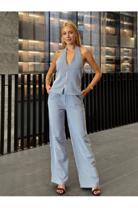 Kadın İndigo Çizgili Önü Fermuarlı Bluz Pantolon İkili Takım HZL25S-ZK13691