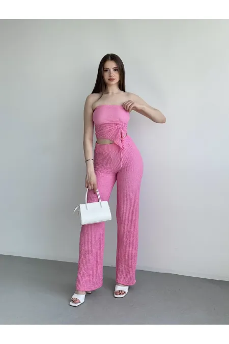Kadın Pembe Beli Lastilkli Gofre Kumaş Pantolon HZL24S-ZK13261