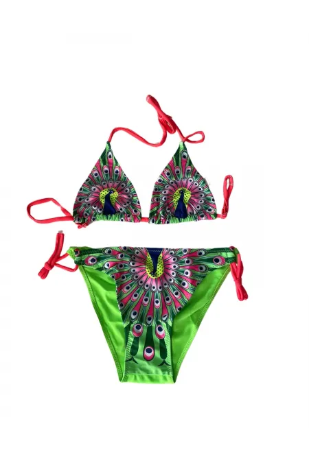 Ensemble bikini triangle à motif paon vert pour fille de 6 à 14 ans HZL24S-LC9017