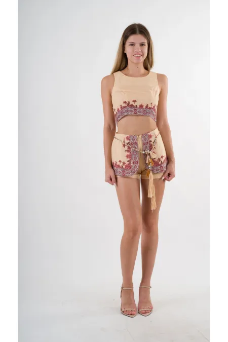 Kadın Sarı Etnik Desenli Beli Kuşaklı Bluz Şort İkili Takım HZL24S-YY261