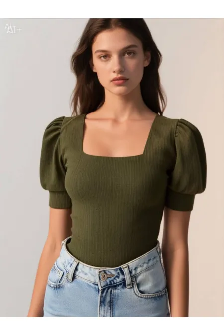 Kadın Haki Kare Yaka Örme Bluz Hzl22w-bd104091