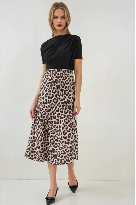Kadın Vizon Leopar Desenli Saten Yüzeyli Beli Lastikli Midi Boy Etek Hzl23S-BD1101471