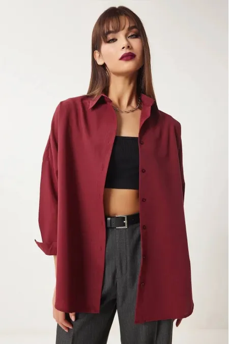 Kadın Bordo Geniş Kalıp Uzun Basic Gömlek HZL24W-BD139001