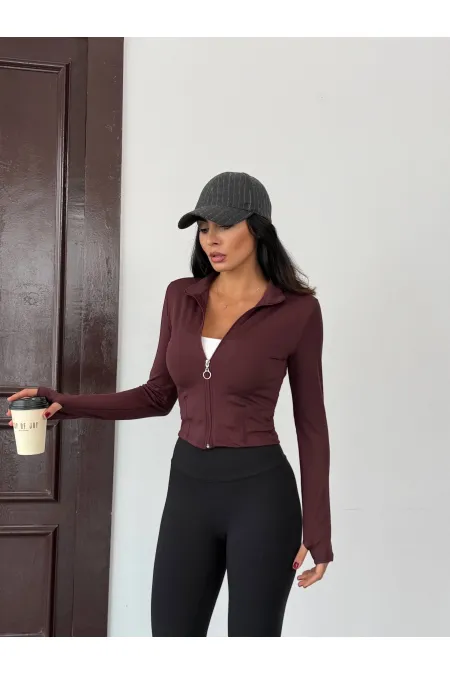 Kadın Kahverengi Dalgıç Kumaş Fermuar Kapamalı Parmak Geçirmeli Sweatshirt HZL25W-FRY123441