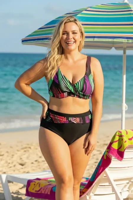 Ensemble bikini doublé grande taille pour femme, noir, violet et vert, HZL25S-LC21202