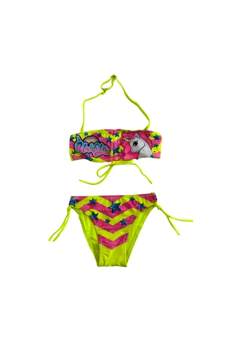 Ensemble bikini sans bretelles à motif licorne jaune fluo pour fille de 2 à 8 ans HZL24S-LC3658