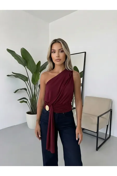 Women's Burgundy Asymmetrical One-Shoulder Draped Sandy Blouse with Gold Accessory Details HZL26S-FRY123751