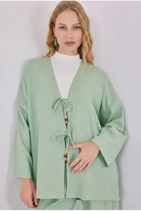 Kadın Çağla Yeşili Keten Bağlama Detaylı Kimono Pantolon İkili Takım HZL26S-BD167271