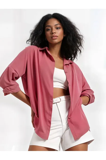 Kadın Koyu Gül Kurusu Oversize Uzun Basic Gömlek HZL22W-BD139001