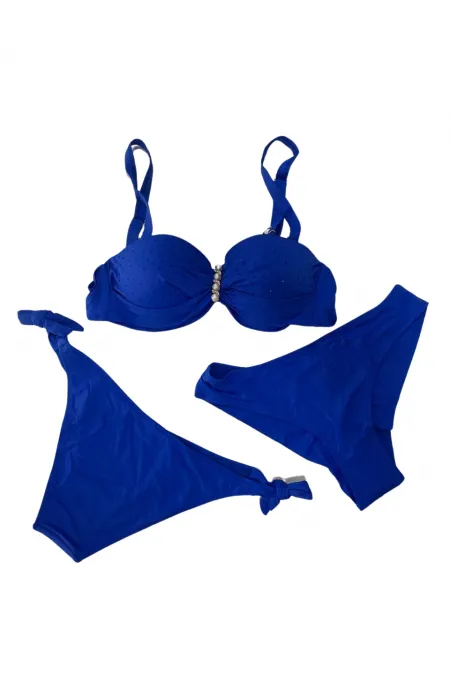 Women's Saxe Blue Stone Embroidered Buckled Lined Bikini Set HZL24S-LC3306