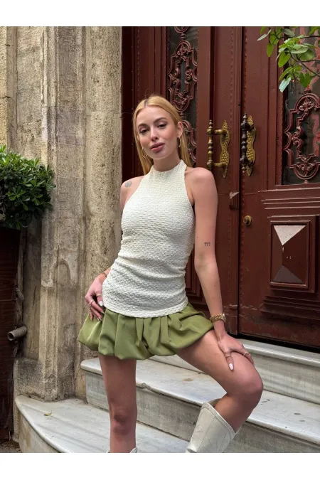 Kadın Krem Boyundan Bağlamalı Gofre Kumaş Bluz HZL25S-ZK13631