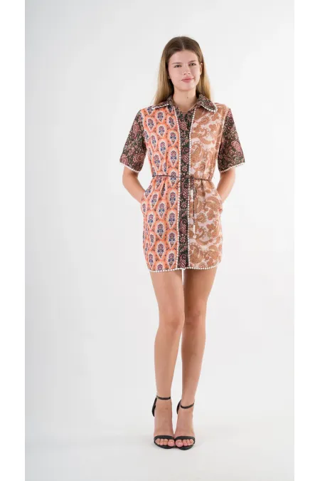 Kadın Kahverengi Sarı İp Kemerli Küpürlü Gömlek Görünümlü Elbise HZL24S-YY237