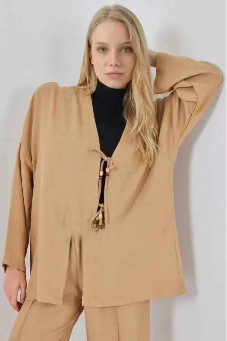 Kadın Bej Keten Bağlama Detaylı Kimono Pantolon İkili Takım HZL26S-BD167271