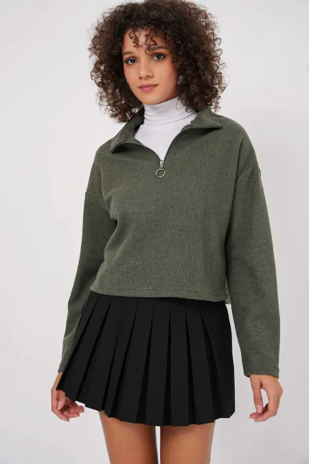 Kadın Haki Yakası Fermuarlı Örme Sweatshirt HZL25W-BD1554491