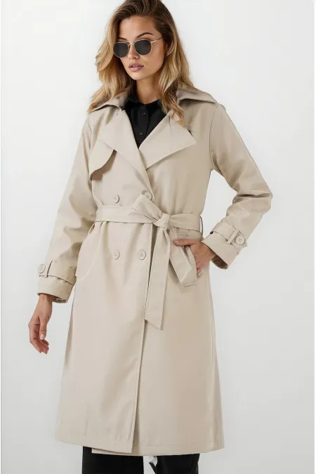 Trench-coat beige doublé à double boutonnage et ceinture pour femme HZL25W-BD159181