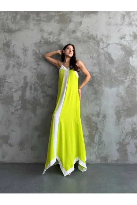 Kadın Fıstık Yeşili Beyaz Detaylı Asimetrik Kesim V Yaka İp Askılı Elbise HZL24S-MJ113041