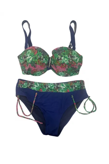 Women's Green Floral Patterned Plus Size Lined Navy Blue Bikini Set HZL25S-LC3301