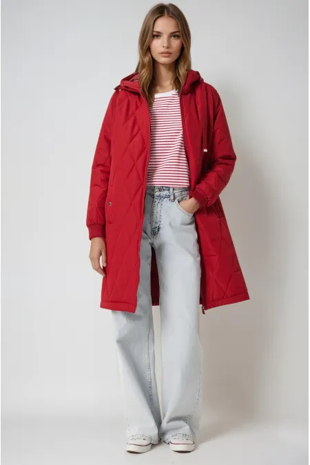 Kadın Bordo Kapitone Uzun Şişme Mont HZL22W-BD151381