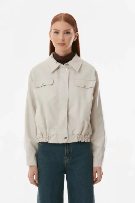 Veste courte en similicuir écru pour femme, doublée avec poches, HZL23W-BD110331