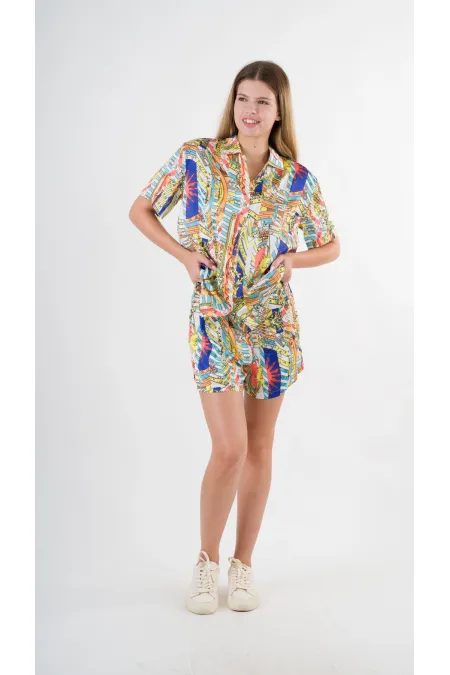 Kadın Lacivert Desenli Şort Gömlek Alt Üst Takım  HZL24S-YY226