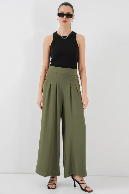 Pantalon plissé à jambes larges pour femme 6718 - Kaki