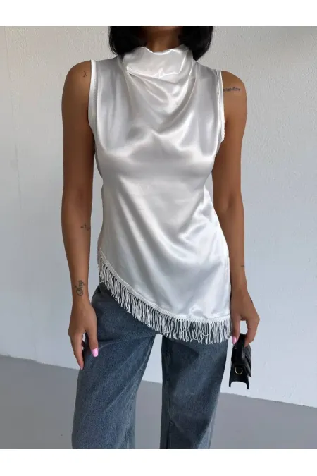 Women's White Halter Neck Asymmetrical Cut Fringe Detail Satin Blouse HZL26S-FRY123911 Women's White Halter Neck Asymmetrical Cut Fringe Detail Satin Blouse HZL26S-FRY123911