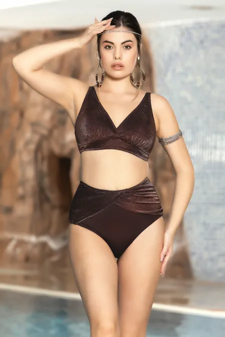 Women's Brown Glittery V-Neck Adjustable Strap High Waist Triangle Bikini Set HZL24S-AR1764